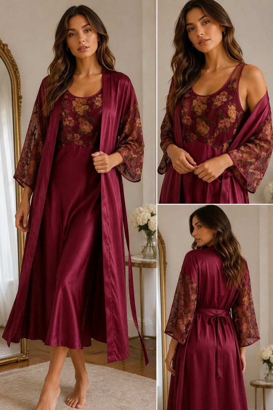 Vintage Private Luxuries Burgundy Velvet Floral Robe & Nightgown Set Size Small